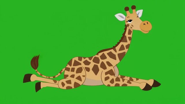 A cute cartoon giraffe lying down isolated on a green screen chroma key background.