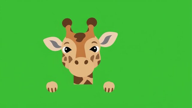 Cute cartoon giraffe head peeking over a bright green background. Isolated on a green screen chroma key background.