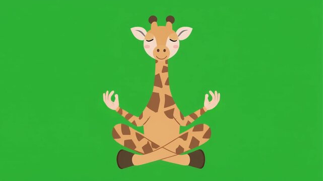 Cute cartoon giraffe sitting in a lotus position meditating isolated on a green screen chroma key background.