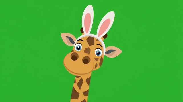 Cute cartoon giraffe wearing bunny ears for Easter celebration isolated on a green screen chroma key background.