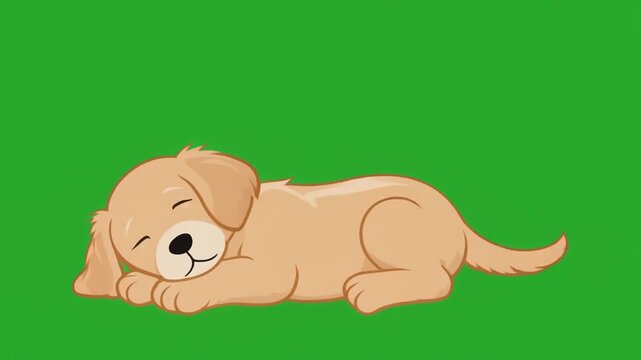 A cute cartoon golden retriever puppy sleeping peacefully isolated on a green screen chroma key background.