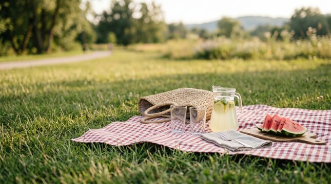Summer Picnic Setup with Watermelon Slices and Lemonade on a Red Checkered Blanket in a Sunny Park Meadow