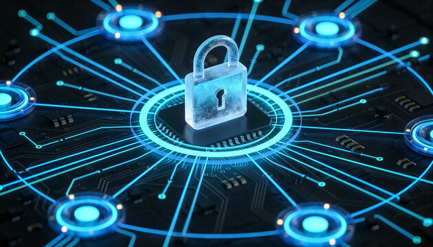 Cyber defense system visualization with padlock in the center of digital network and glowing blue neon connections, futuristic cybersecurity technology, secure data protection and information safety	