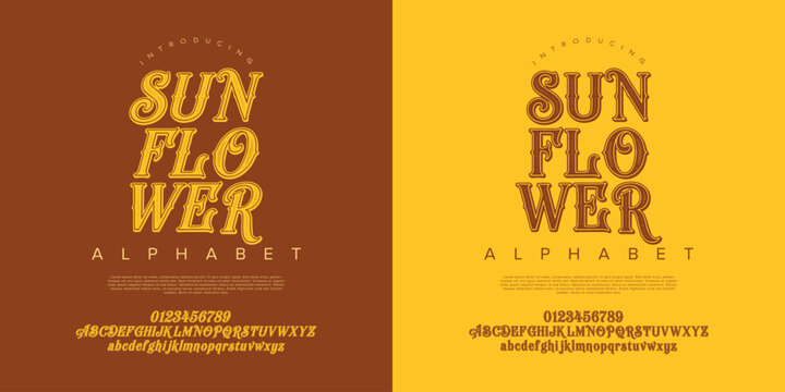Sunflower alphabet vector font retro wavy psychedelic textured typeface letters for vintage display
