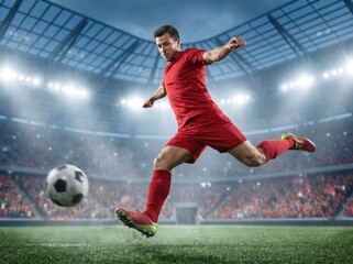 Naklejka premium Soccer player in red kit kicking the ball inside a modern stadium
