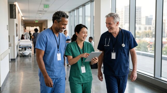 Diverse Medical Team Walking in Hospital Hallway Discussing Patient Data on Tablet