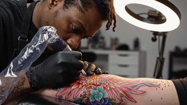 Male tattoo artist creating colorful wing design on arm