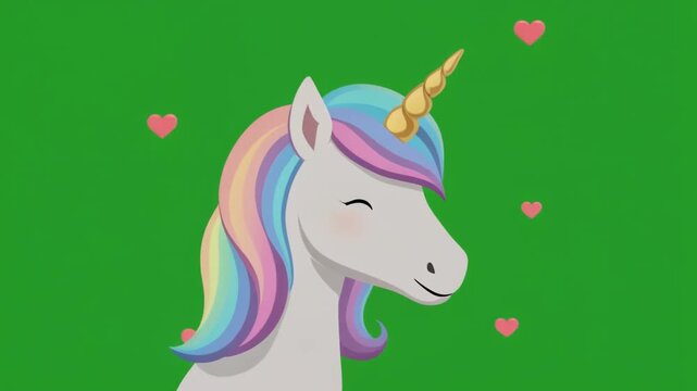 Cute cartoon unicorn with a rainbow mane and golden horn isolated on a green screen chroma key background.