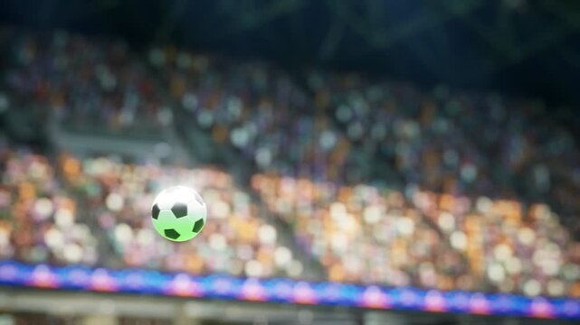 football ball close up illuminated by sun while passing over stadium pitch. Animation of soccer ball being shot while large crowds in background sports arena tribunes watch. 3D render