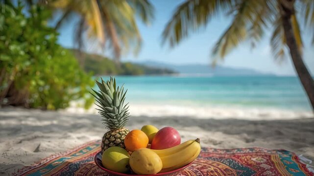 Pineapple banana mango orange apple bowl sunlit patterned beach blanket palm trees ocean view