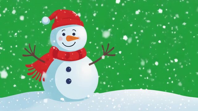 Happy cartoon snowman wearing a red hat and scarf on a snowy land isolated on a green screen chroma key background.