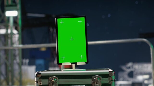 Green screen tablet app, evaluating energy security risks and petroleum rig during oil supply disruption with green screen tablet mockup.