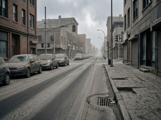 Fototapeta premium Volcanic ash covering an empty city street after fallout