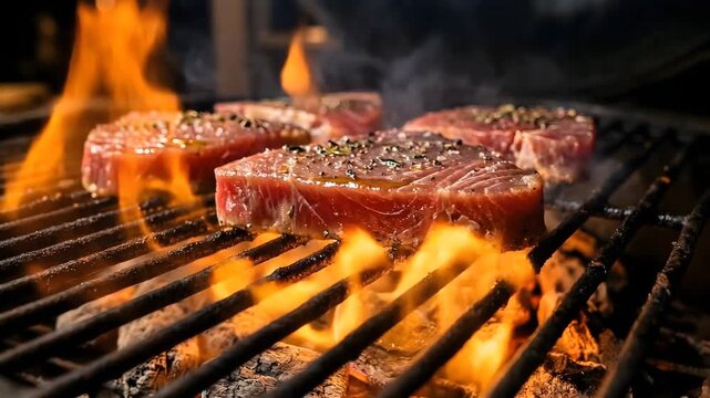 Vibrant flames dance beneath expertly seasoned cuts of red meat, sizzling intensely on a hot barbecue grill, promising a mouth-watering culinary experience for a delicious meal