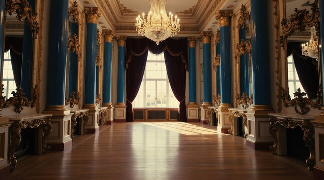 Elegant opulent ballroom interior with tall columns ornate fireplaces large windows sunlight streaming onto polished wood floor. Ornate chandelier hangs centrally above vast empty dance space.