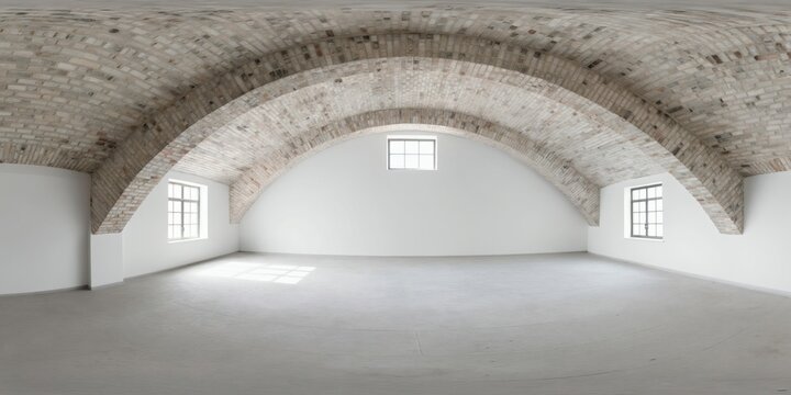 Empty white room under brick arched ceiling. Natural light enters through windows on attic floor. This spacious loft space is ready for use as studio or office.