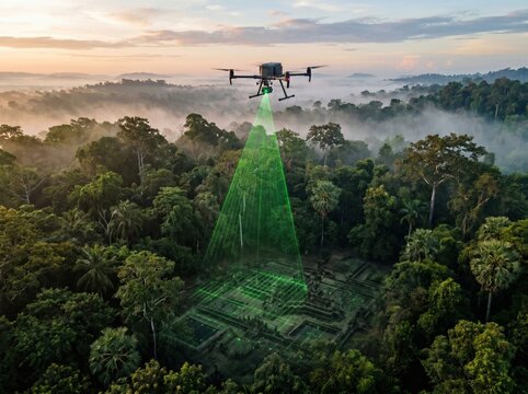 Lidar drone mapping hidden jungle ruins beneath forest canopy