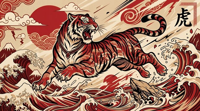Fierce Japanese style tiger jumping over ocean waves.