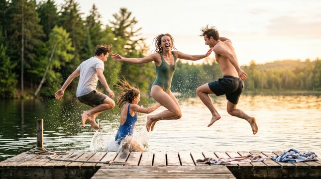 Group of young adult friends jumping off wooden dock into lake at sunset summer vacation lifestyle