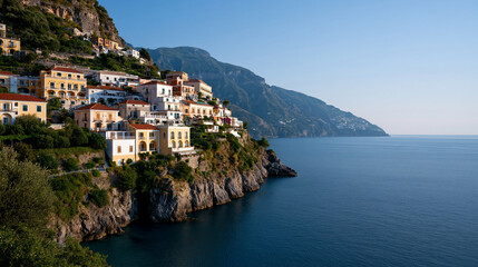 Fototapeta premium Amalfi Coast town view with colorful buildings cascading down a cliffside to the sea, iconic Italian travel concept, with copy space