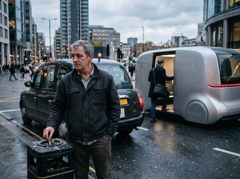 Taxi driver watches passenger choose autonomous car service