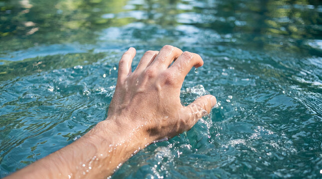 Man's hands reaching above clear swimming pool water with splash, summer relaxation concept