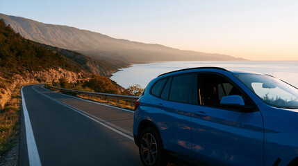Fototapeta premium Blue SUV driving on a winding coastal road at sunset with mountain and sea views, road trip travel concept, with copy space