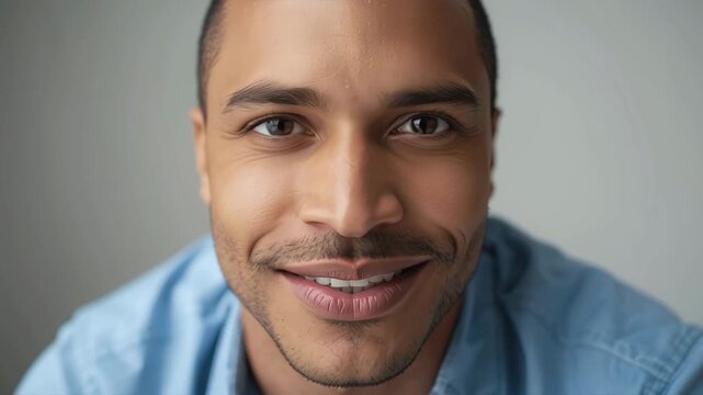 Smiling man portrait close up in blue shirt exuding confidence and friendly warmth