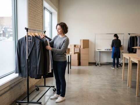 Professional donating business suits to charity rack during career change