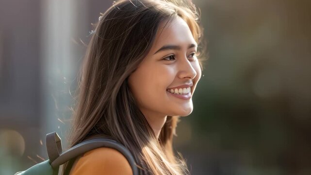 Smiling woman backpack outdoors sunlight portrait joyful young student confident warm natural light