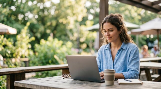 Young Caucasian woman working remotely on laptop at outdoor cafe table in summer