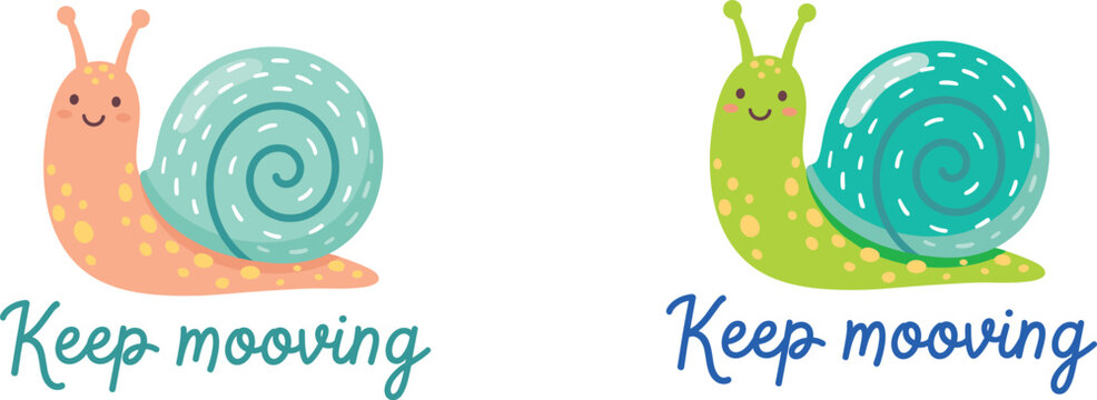 Cute Cartoon Snail Vector Character Set with Inspiring Keep Mooving Quote and Positive Motivation Concept for Kids Design, Stickers, and Posters
