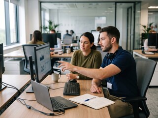 Fototapeta premium IT support technician assisting office worker at help desk
