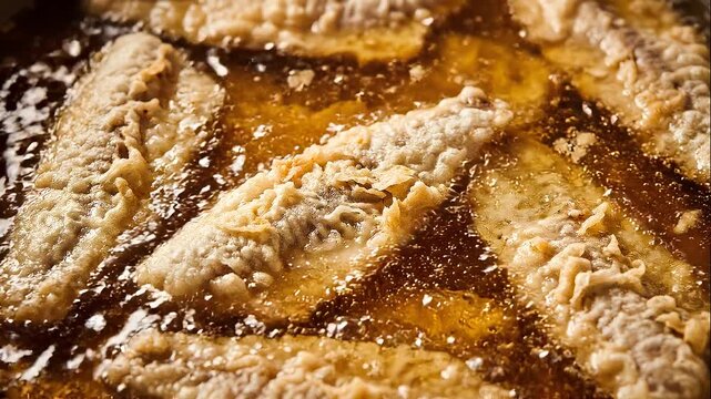 Close-up of golden brown fish fillets being deep-fried in bubbling hot oil