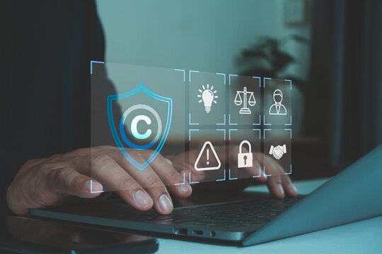 Copyright protection and intellectual property security concept. Digital shield, legal compliance icon, cybersecurity, copyright law, data protection, online security, license, risk management.