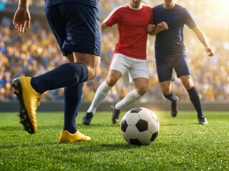 Fototapeta premium Close-up soccer duel for the ball on a green pitch