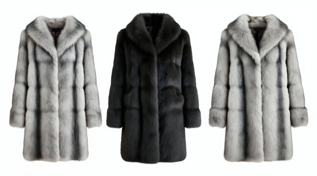 Three luxurious fur coats displayed on white background. Includes black and grey striped styles. Offers elegant outerwear for cold weather. Fashionable winter apparel for women.