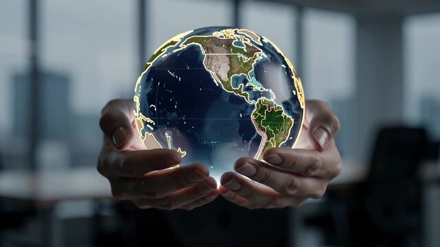 Glowing digital globe spinning between hands with detailed continents in futuristic office setting