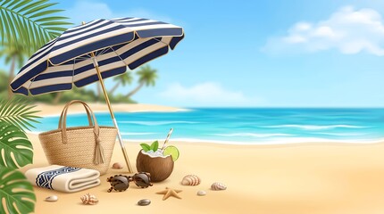 Obraz premium 3D Vector Summer Beach Background with Umbrella and Vacation Elements