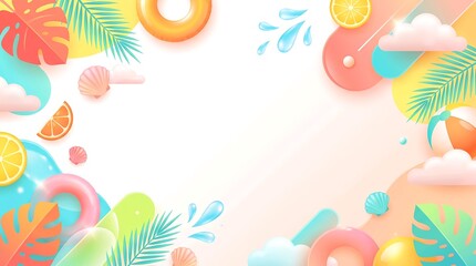 Fototapeta premium 3D Vector Summer Sale Banner Background with Floating Tropical Objects