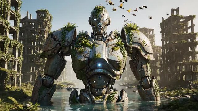 Massive weathered robot overgrown with vines in ruined landscape