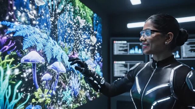 Woman interacts with virtual fantasy forest in futuristic lab