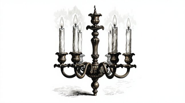Ornate metal candelabra with nine lit candles. Antique drawing style with dark sketch on white background. Elegant vintage decoration for religious or ceremonial themes.