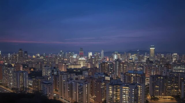 Twilight city skyline with illuminated highrise buildings and distant hills city skyline twilight