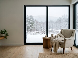 Fototapeta premium Quiet living room with large window and gentle snowfall