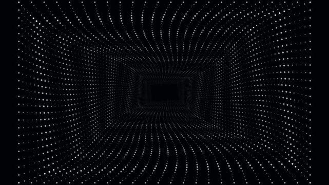 Abstract digital tunnel of white dots twisting on a black background