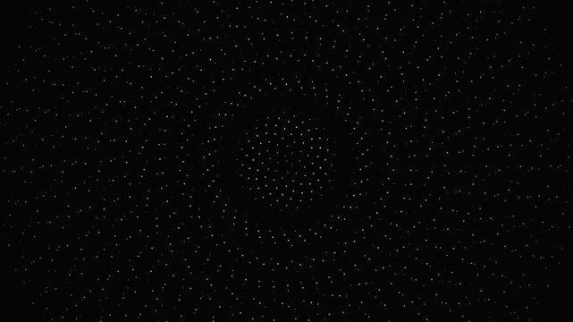 Abstract white dots forming a rotating spiral on a black background