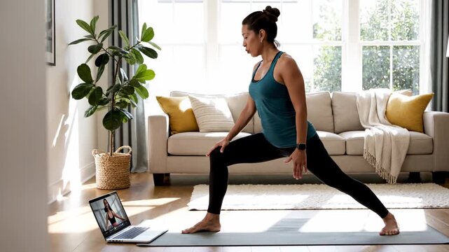 A woman with dark hair pulled back into a bun performs a warrior one yoga pose on a mat in her sunlit living room, guided by an online video playing on a laptop positioned on the floor nearby