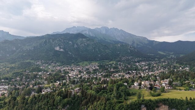 Aerial view of Dorga and Bratto villages with Presolana mountain, Lombardy, Italy