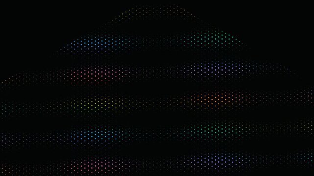 Abstract rainbow colored LED dot wave pattern on black background